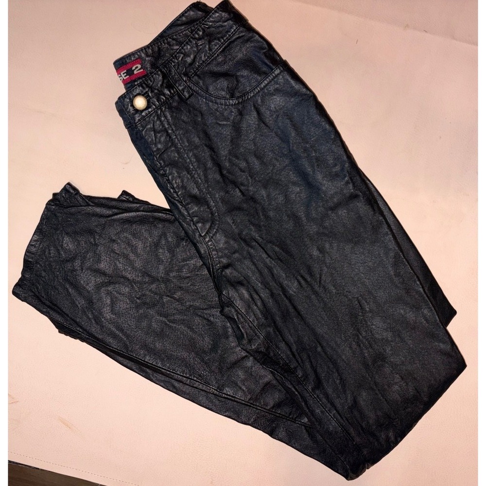 Vintage Phase 2 Leather Pants Black Womens 8 Straight Leg Lined Y2K Textured